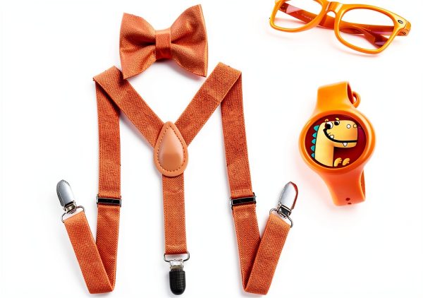 Kids Suspenders Bow Tie Glasses Bracelet Set Orange Roleplay